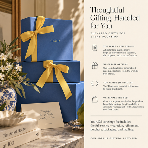 Gratia gifting concierge service with blue gift boxes, yellow ribbon, packaging, mailing, and concierge process
