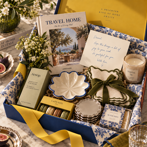 Gratia luxury gifting concierge gift box with Assouline book, silver coasters, tableware, candle, ribbon, and handwritten note