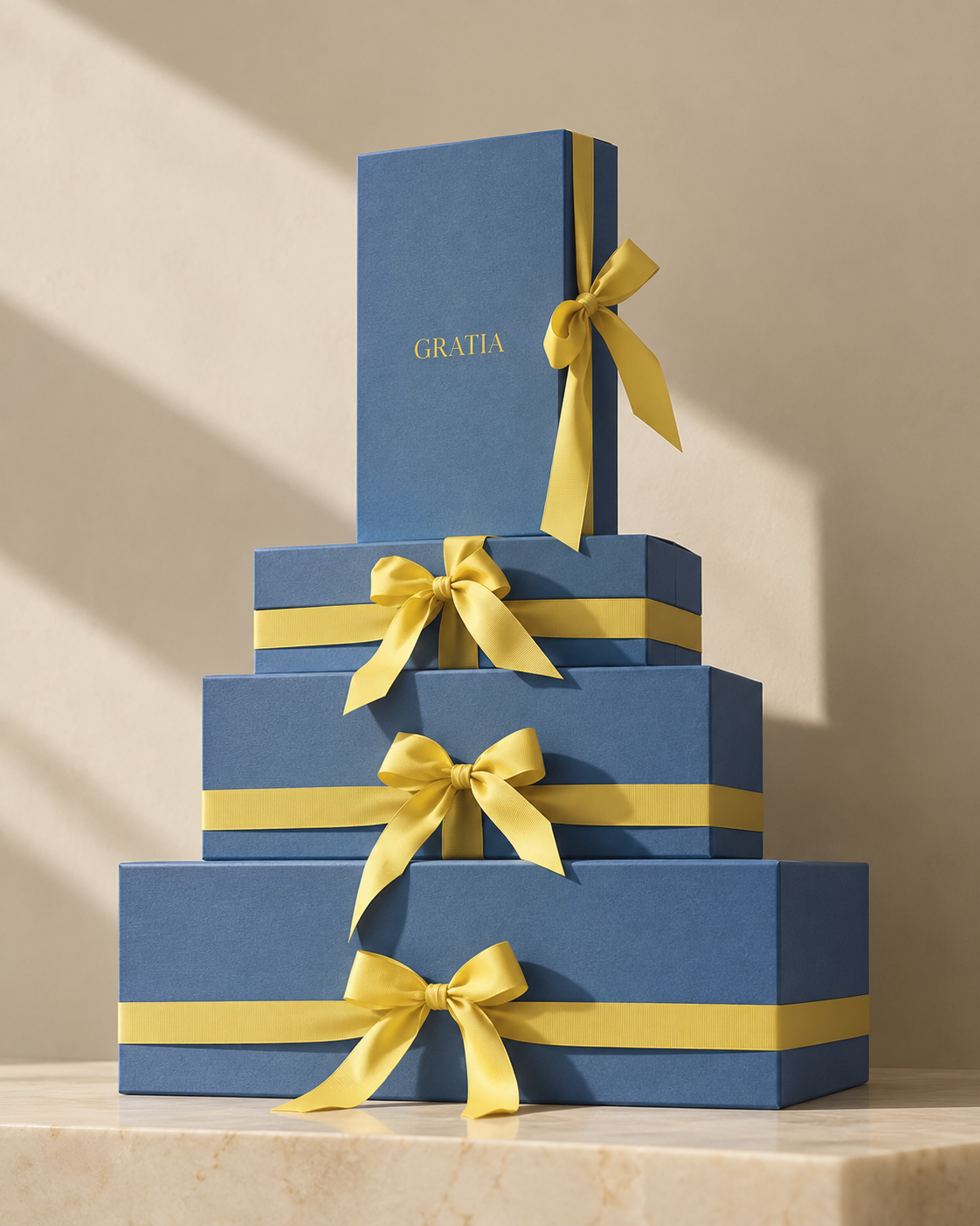 Stacked Gratia blue gift boxes with yellow ribbon in a bright editorial setting